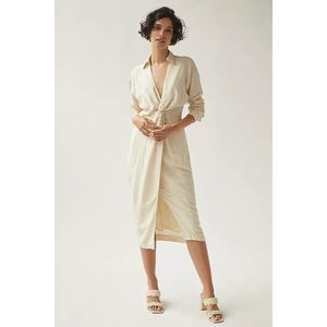 Anthropologie V-Neck Knot Front Midi Dress White Shirtdress